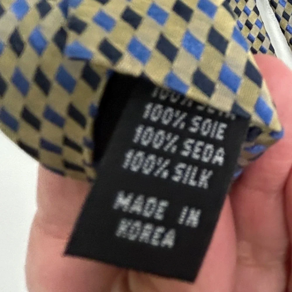 Bergamo New York Pure Silk Tie Vintage Geometric Blue Taupe Handmade Necktie